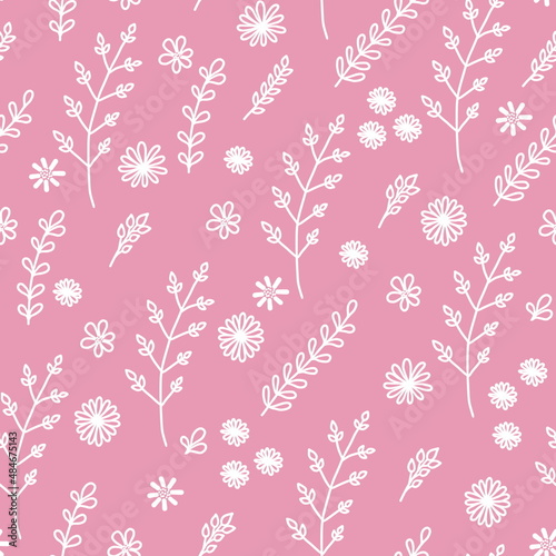 Seamless pattern of botanical plant white doodle elements on a pink background. Summer wild flowers and herbs. For the design of fabrics and wrapping paper.