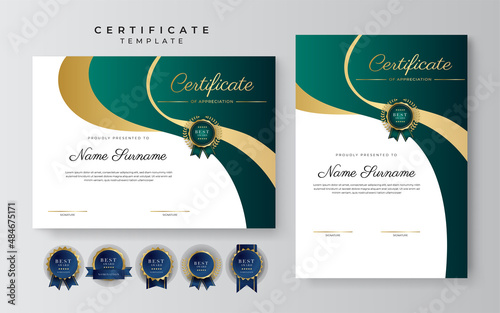 Modern dark green and gold business certificate design template in professional style with gold badge and border frame pattern. Vector illustration