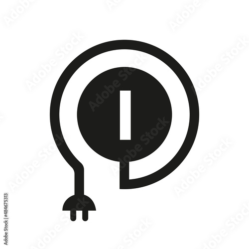 Electric Logo On Letter I Sign. I Letter Logo with Curl Cable and Plug Adapter, Electricity, Industrial and Technology Vector Template