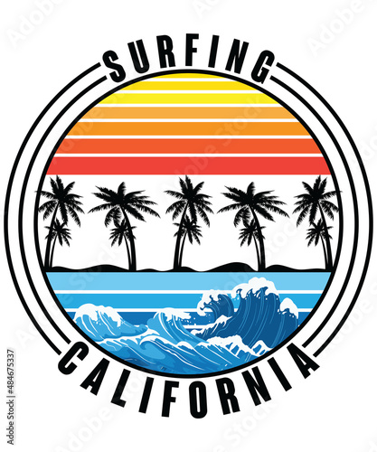 T-shirt design: Surfing California typography vector t-shirt design. Vector typography t-shirt design in white background.
