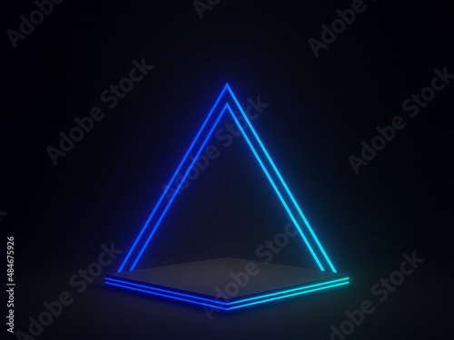 3D Black geometric with blue gradient neon lights. Dark background.