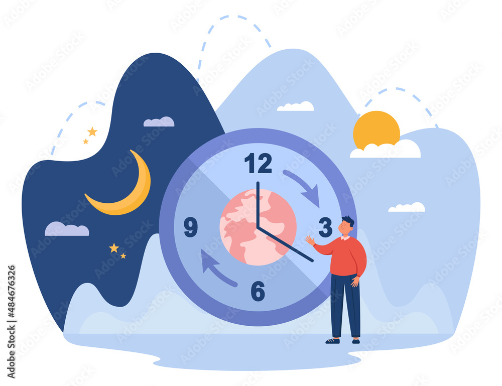Tiny man standing next to huge clock with planet on it. Alternation or change of day and night, evening and morning routine, sleep cycle flat vector illustration. Circadian rhythm, time concept