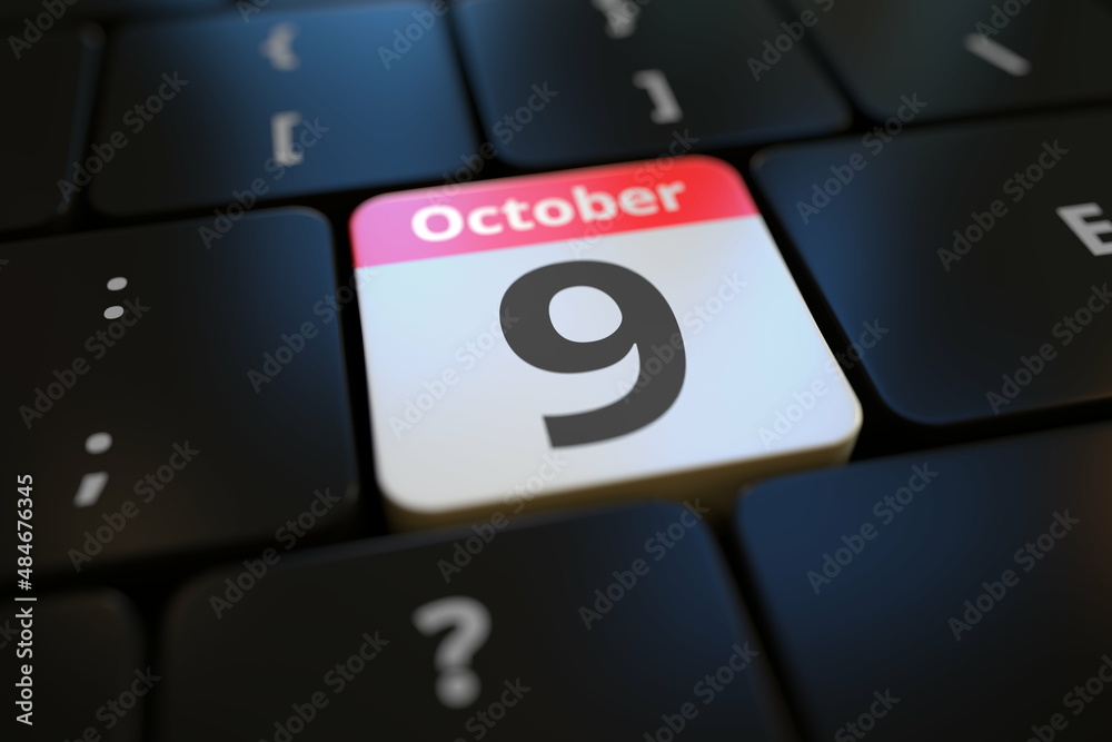 October 9 date on a keyboard key, 3d rendering October 9 date on a keyboard key, 3d rendering