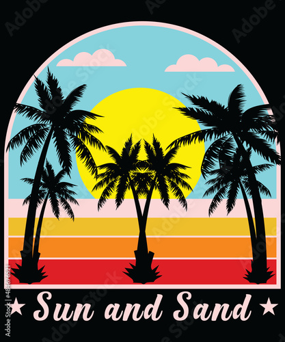 T-shirt design  sun and sand typography vector t-shirt design. Vector typography t-shirt design in black background.