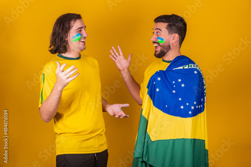 Brazilian friends, Latin Americans, diversity, cheering for Brazil, in the 2022 world cup, greeting each other. saying hi, reunion photo