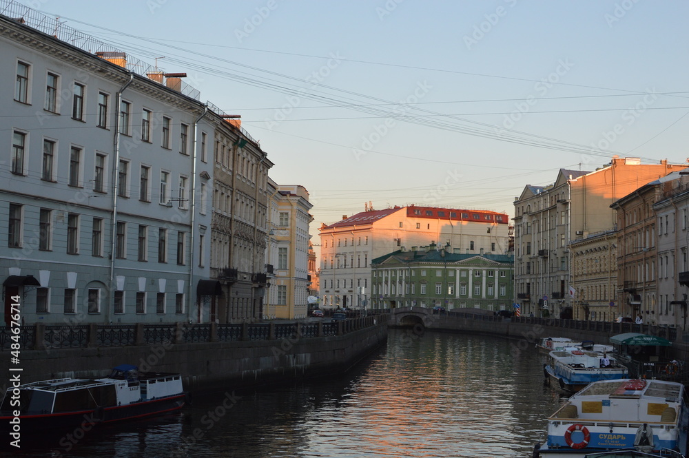 Channels of St. Petersburg in the evening. A beautiful city. Streets of St. Petersburg.