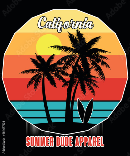 T-shirt design: summer dude apparel California typography vector t-shirt design. Vector typography t-shirt design in black background.
