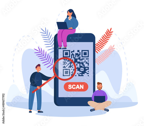 People scanning QR-code using phone flat vector illustration. Man looking at smartphone screen through magnifier, using QR-code for online payments, purchases. Technology concept