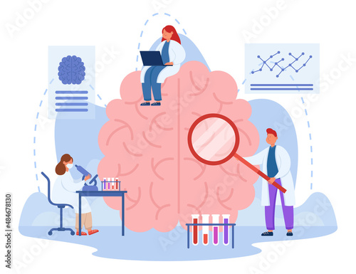 Tiny doctors examining human brain with magnifier. Male and female scientist in medical wear conducting experiments in laboratory, collecting data flat vector illustration. Research, science concept
