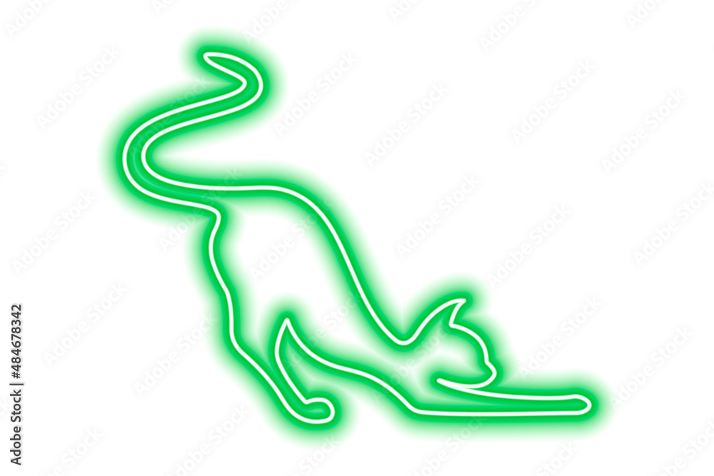 Green neon cat silhouette isolated on white. Satisfied cat stretches and waves its tail Green neon cat silhouette isolated on white. Satisfied cat stretches and waves its tail