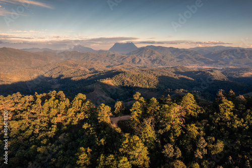 Aerial view of Doi Luang Chiang Dao mountain in tropical rainforest on national park at evening