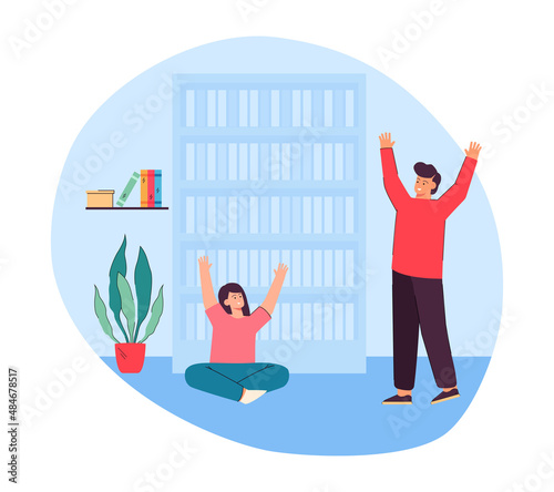 Daughter and father greeting each other at home. Happy father spending time with kid after work flat vector illustration. Parenthood, family concept for banner, website design or landing web page