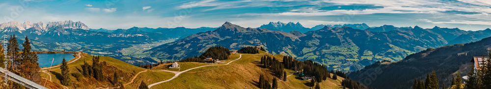 High resolution stitched panorama with the famous Wilder Kaiser mountains and the Kitzbueheler Horn summit near Kitzbuehel, Tyrol, Austria - obrazy, fototapety, plakaty 