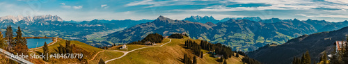 High resolution stitched panorama with the famous Wilder Kaiser mountains and the Kitzbueheler Horn summit near Kitzbuehel, Tyrol, Austria photo
