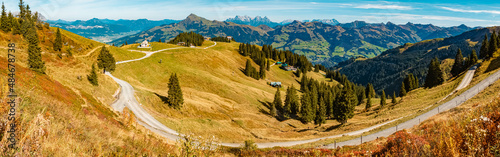 High resolution stitched panorama at the famous Fleckalm near Kitzbuehel, Tyrol, Austria
