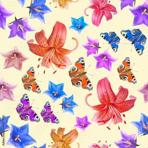Seamless summer pattern of colorful butterflies and flowers isolated on a beige square background