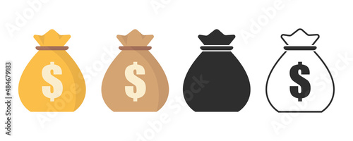 Money bag icons set. Sack money bag with dollar sign. Cash symbol. Flat moneybag graphic design element. Vector illustration.