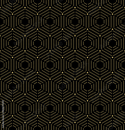 Geometric repeating ornament with hexagonal dotted golden elements. Geometric modern ornament. Seamless abstract modern pattern
