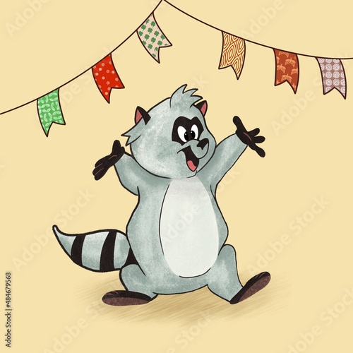 funny cartoon raccoon rejoices. holiday flags. print for fabric book design