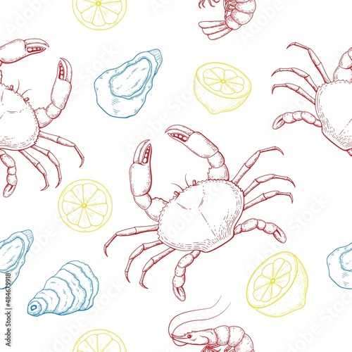 Sea food seamless pattern engraving crab