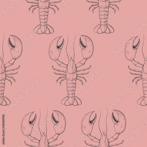Sea food seamless pattern engraving lobster