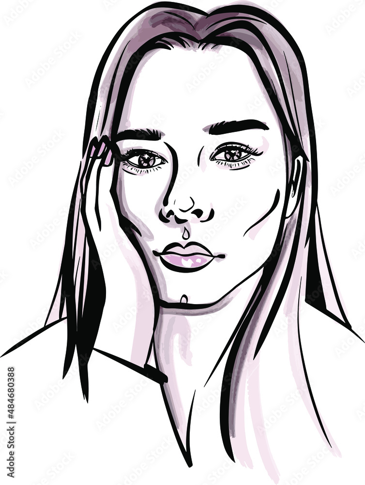 Beautiful young woman face makeup drawing sketch. Fashion girl portrait  illustration on white background. Stock Vector | Adobe Stock