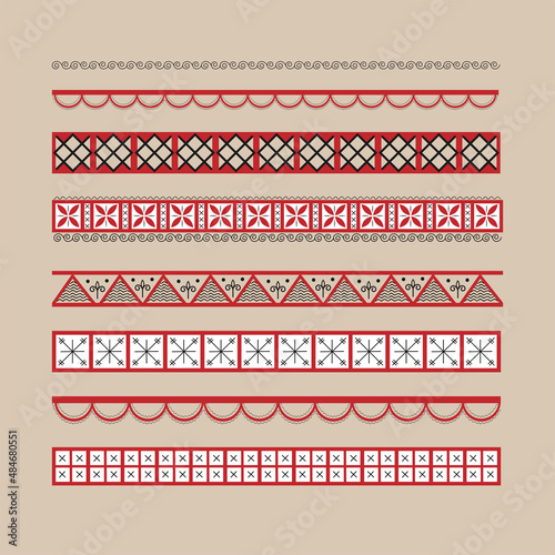 Vector ethnic red and black borders dividers in the style of Russian folk northern Mezen painting for decoration