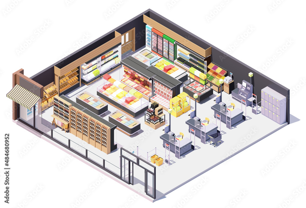 Vector isometric supermarket or grocery building interior. Supermarket equipment, shelves and refrigerators with products, anti-theft gates, trolley cart, cashier desks and self-checkout system