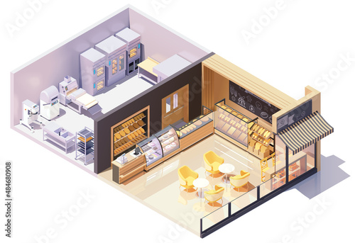 Vector isometric bakery shop or cafe interior. Store furniture, stands, shelves, chairs, tables. Bakery and bread display stands, cashier desk. Industrial production line equipment and machinery