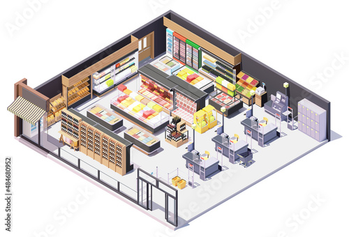 Vector isometric supermarket or grocery building interior. Supermarket equipment, shelves and refrigerators with products, anti-theft gates, trolley cart, cashier desks and self-checkout system