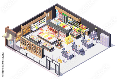 Obraz na płótnie Vector isometric supermarket or grocery building interior. Supermarket equipment, shelves and refrigerators with products, anti-theft gates, trolley cart, cashier desks and self-checkout system w salonie