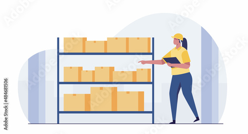 Woman in warehouse checking inventory levels of goods on shelf. vector illustration.
