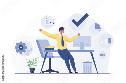 businessman standing cross-legged leaning on a table with business process . vector illustration