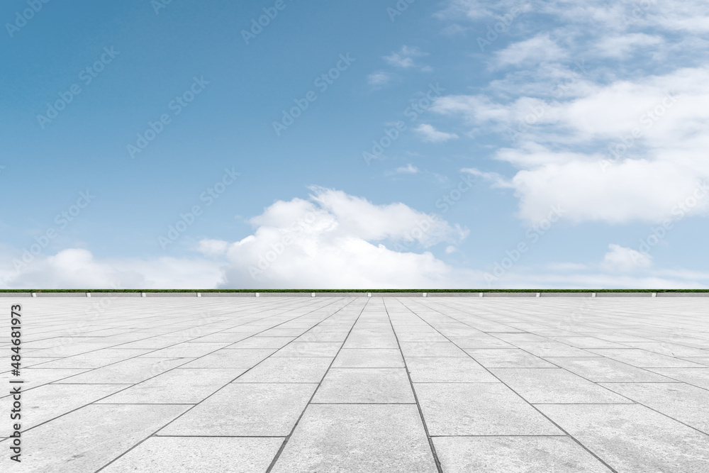 Floor tiles and natural scenery of blue sky and white clouds