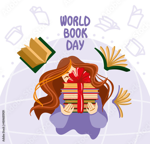 World book day illustration.  The girl is holding a stack of books in her hands. Gift collection of books. Book fans.