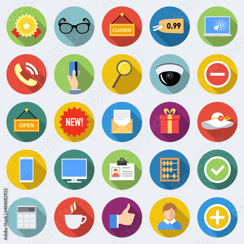 Set of flat shopping icons with long shadows 