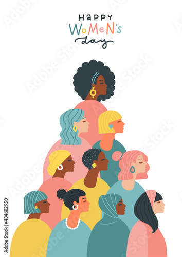 Happy women standing together in shape of cone, triangle. Group of female friends,union of feminists,sisterhood. Flat card with side view characters. Drawing vector illustration with lettering.