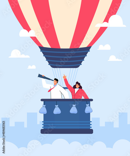 Business persons in hot air balloon searching for employees. Happy creative people finding work or vacancy flat vector illustration. Hiring, job search or hunting concept for banner, landing web page