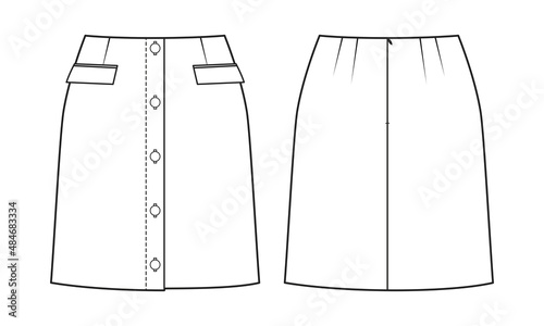 Fashion technical drawing of mini skirt with buttons in front