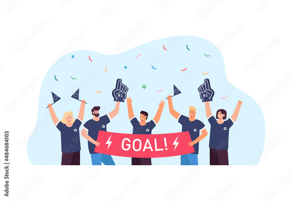 Fototapeta premium Active fans cheering for favorite soccer team at match. Group of happy people holding banner with word goal flat vector illustration. Celebration, sports concept for website design or landing page