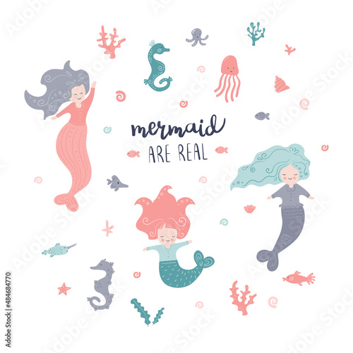 Cute Mermaid with sea horse and shell. Set of sea vector stickers.