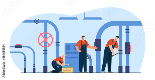 Team of plumbers with tool box in boiler room. Handymen in uniform fixing pipe flat vector illustration. Service, maintenance, occupation concept for banner, website design or landing web page