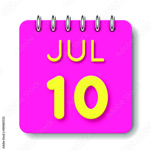 10 day of the month. July. Cute calendar daily icon. Date day week Sunday, Monday, Tuesday, Wednesday, Thursday, Friday, Saturday. Neon yellow. Pink Paper. White background.