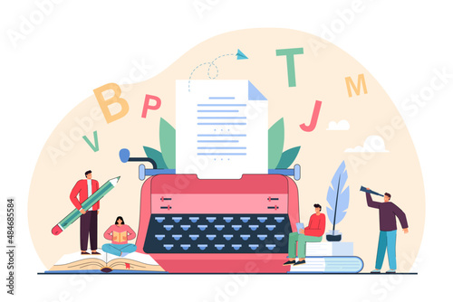 Tiny creative people writing poems on typewriter. Persons reading antique books, feather in ink bottle flat vector illustration. Literature, poetry concept for banner, website design or landing page