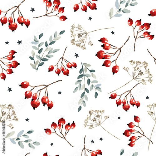 Christmas seamless pattern, red berries, twigs, stars, white background. Vector illustration. Nature design. Season greeting. Winter Xmas holidays