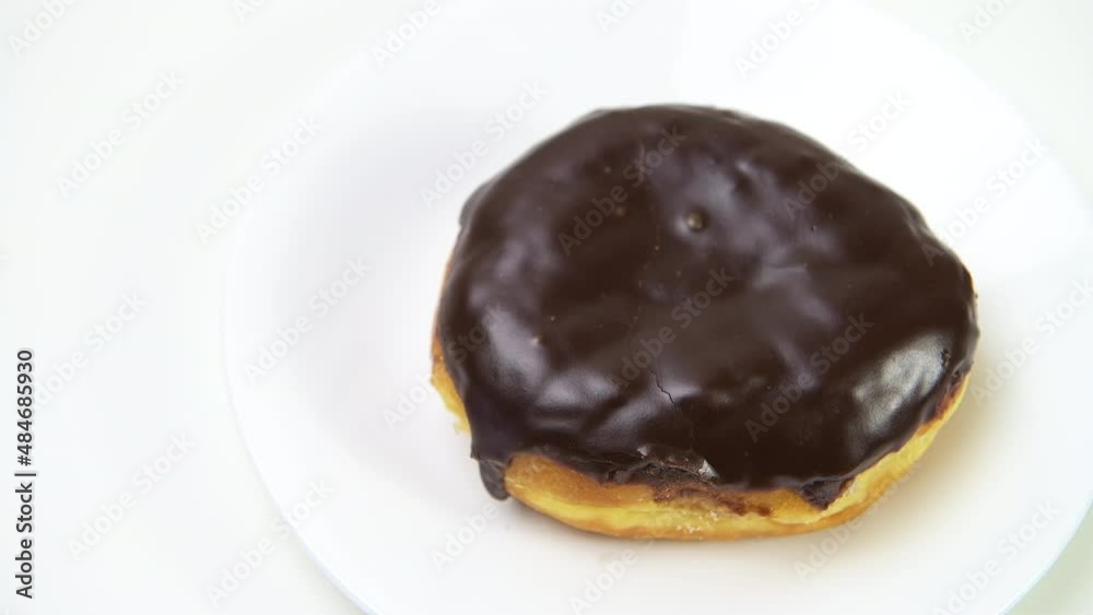 Closeup macro of one person hand placing single chocolate glazed boston cream sugar donut dessert doughnut on white plate isolated background Closeup macro of one person hand placing single chocolate glazed boston cream sugar donut dessert doughnut on white plate isolated background