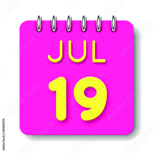 19 day of the month. July. Cute calendar daily icon. Date day week Sunday, Monday, Tuesday, Wednesday, Thursday, Friday, Saturday. Neon yellow. Pink Paper. White background.