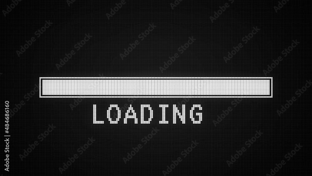 Video animation of a pixelated loading bar and the message loading on dark background - seamless loop - abstract background