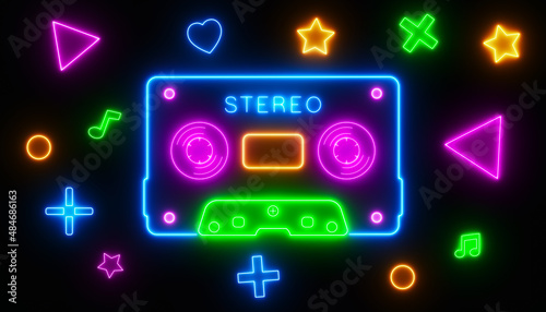 Illustration of an audio cassette in retro neon