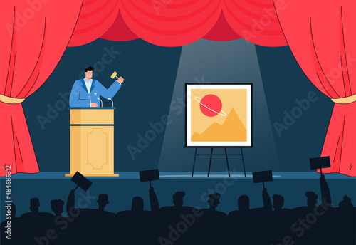 Man with gavel selling valuable painting in real time. Crowd of buyers bidding prices for picture from gallery flat vector illustration. Art auction concept for banner, website design or landing page